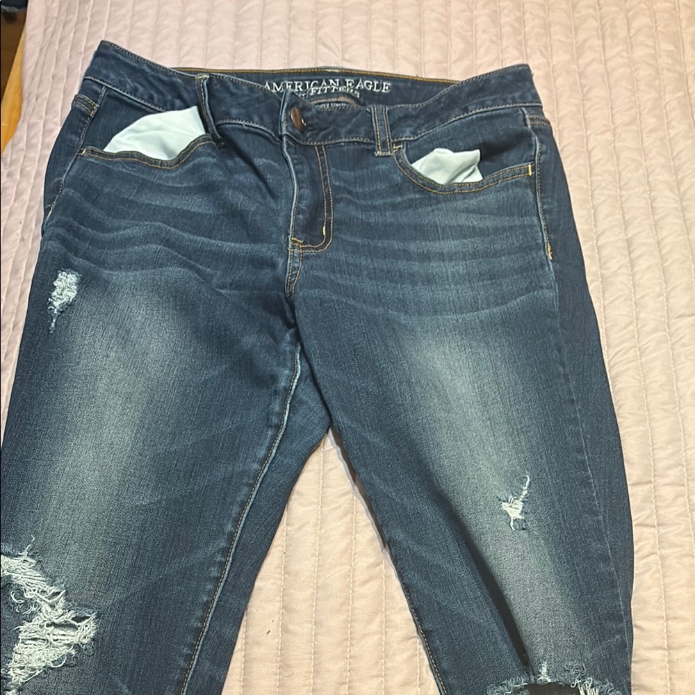 American Eagle Outfitters Blue Boyfriend Jeans with Distressed Details